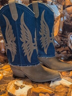 Nine West Women's  Brown Denim Western Boots with Wing Overlay